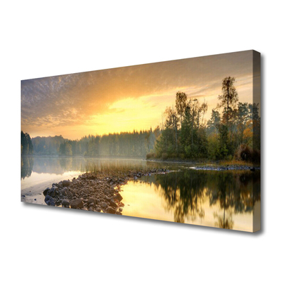 Canvas Wall art Lake stones forest landscape grey green white yellow