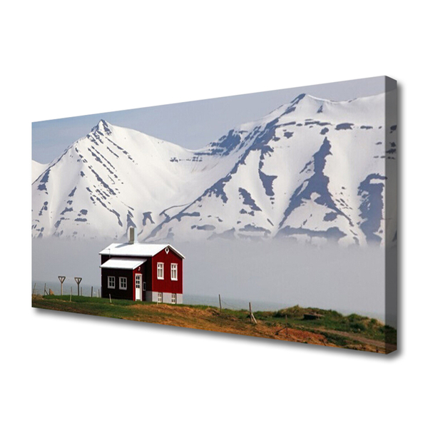 Canvas Wall art Mountain house landscape white grey brown green