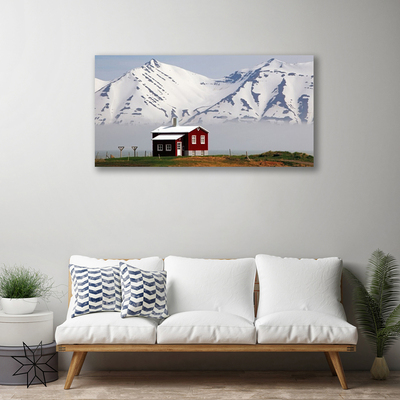 Canvas Wall art Mountain house landscape white grey brown green