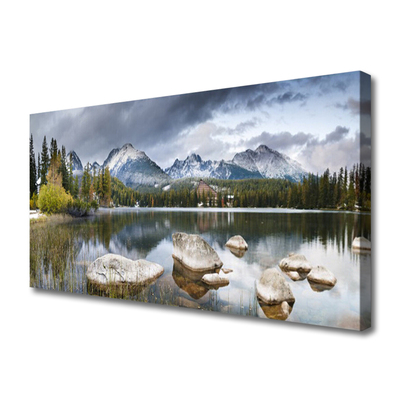 Canvas Wall art Mountain forest lake landscape grey brown green