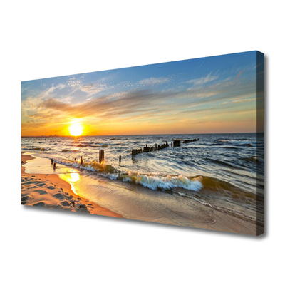 Canvas Wall art Sun sea beach landscape yellow blue brown