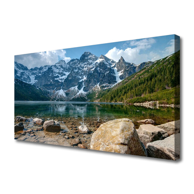 Canvas Wall art Mountain forest lake stones landscape grey green brown