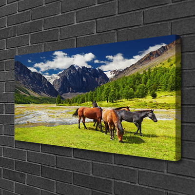 Canvas Wall art Mountain trees horses animals grey green brown black