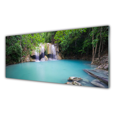 Glass Print Waterfall forest lake nature blue green
