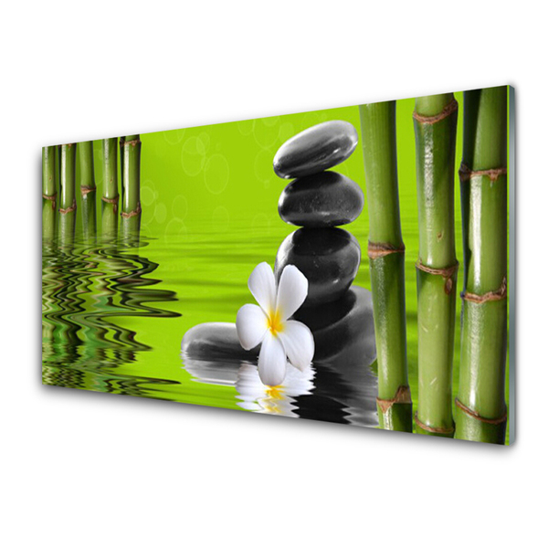 Glass Print Bamboo tube flower stones art green black white