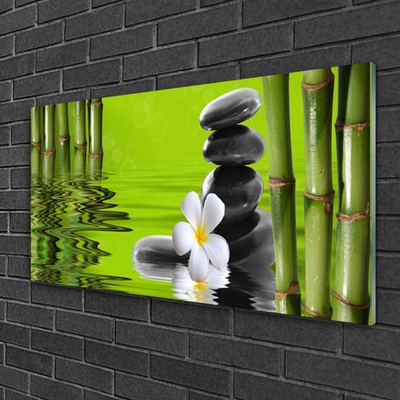 Glass Print Bamboo tube flower stones art green black white