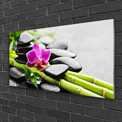 Glass Print Bamboo tube flower stones art green red black