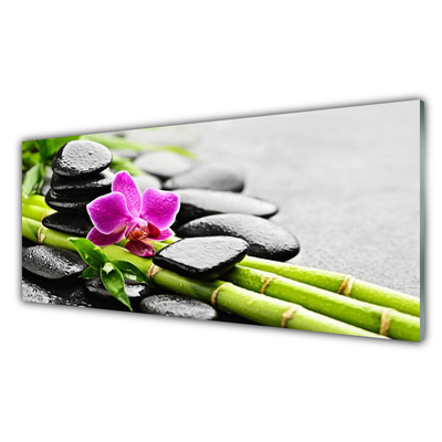 Glass Print Bamboo tube flower stones art green red black