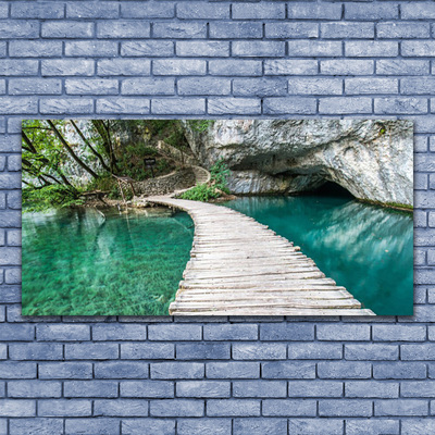 Glass Wall Art Bridge lake architecture white blue