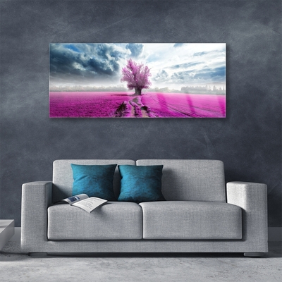 Glass Wall Art Meadow tree nature pink blue white