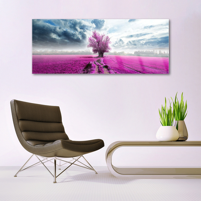Glass Wall Art Meadow tree nature pink blue white