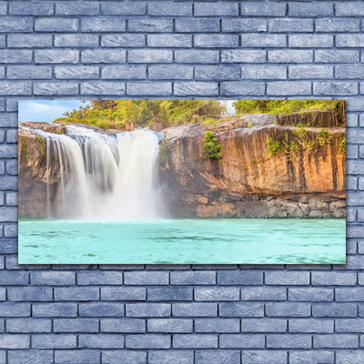 Glass Wall Art Waterfall lake landscape blue white brown green