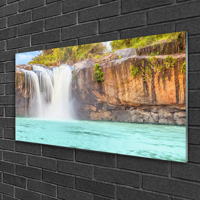 Glass Wall Art Waterfall lake landscape blue white brown green