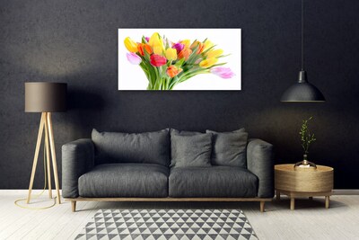 Glass Wall Art Tulips floral yellow red pink orange