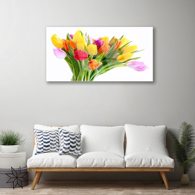 Glass Wall Art Tulips floral yellow red pink orange
