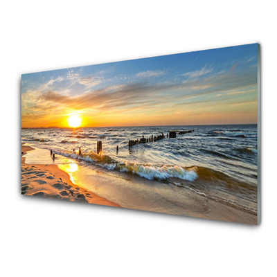 Glass Wall Art Sun sea beach landscape yellow blue brown