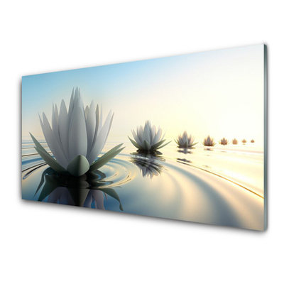 Glass Wall Art Flowers water art white blue