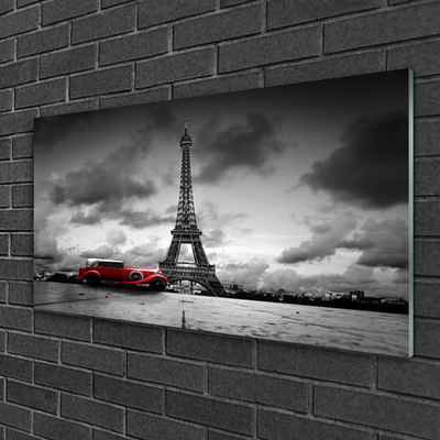 Glass Wall Art Eiffel tower car architecture grey red