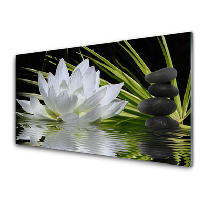 Glass Wall Art Flower stones water floral white black