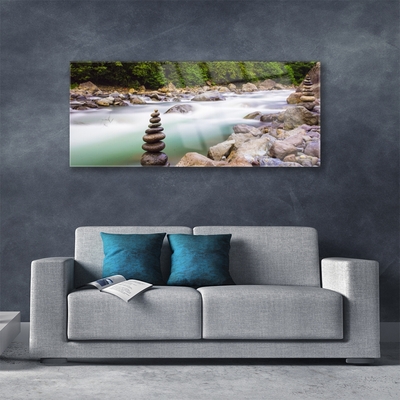 Glass Wall Art Forest lake stones landscape green white grey brown