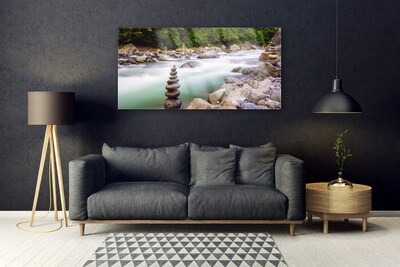 Glass Wall Art Forest lake stones landscape green white grey brown