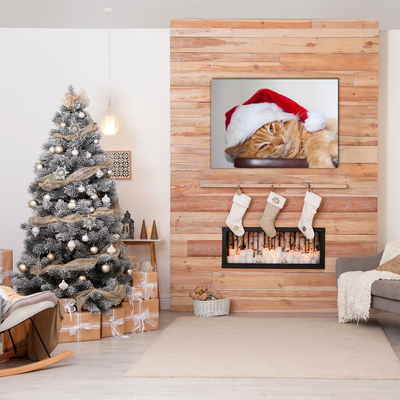 Glass Wall Art Cat Santa Hat Christmas