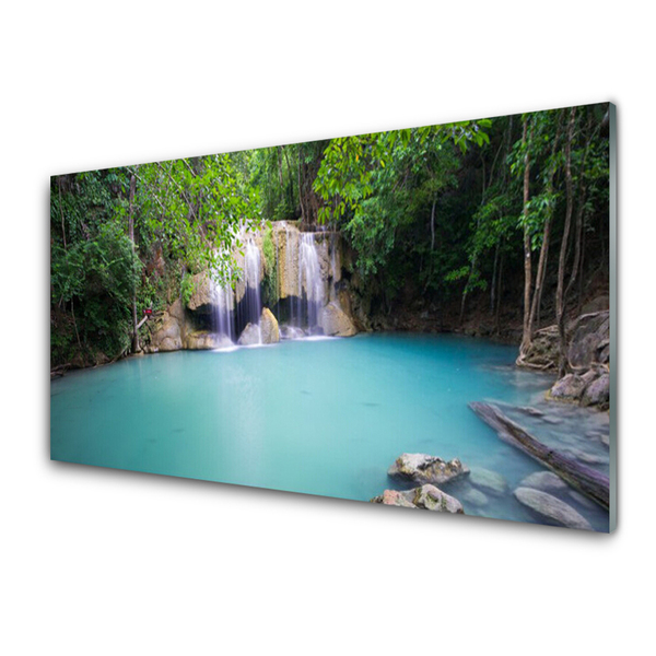 Acrylic Print Waterfall forest lake nature blue green