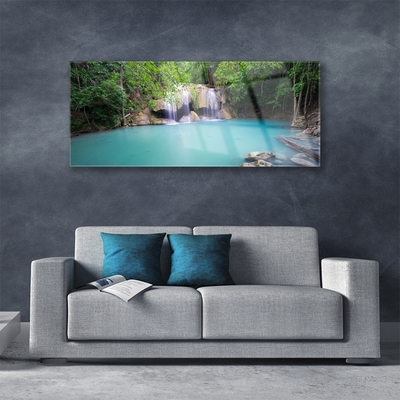Acrylic Print Waterfall forest lake nature blue green