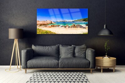 Acrylic Print Rocky beach sea landscape blue yellow green
