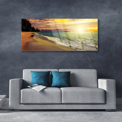 Acrylic Print Sun beach sea tree landscape green yellow blue