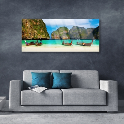 Acrylic Print Beach sea mountains landscape green grey blue