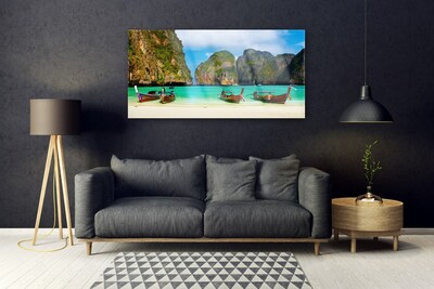 Acrylic Print Beach sea mountains landscape green grey blue