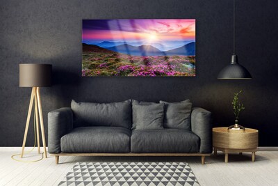 Acrylic Print Mountains meadow flowers landscape purple pink blue green