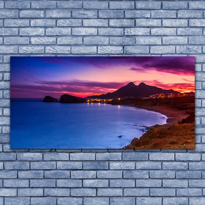 Acrylic Print Sea beach mountains landscape blue brown purple pink