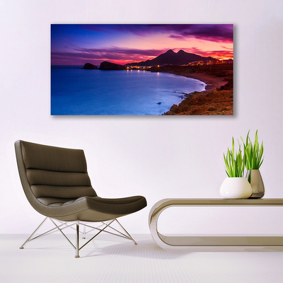 Acrylic Print Sea beach mountains landscape blue brown purple pink