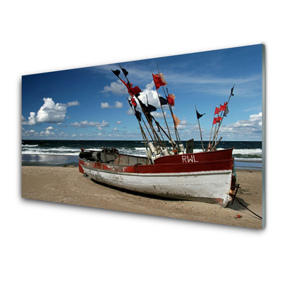 Acrylic Print Sea beach boat landscape blue red white brown
