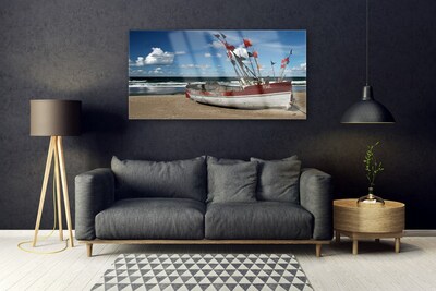Acrylic Print Sea beach boat landscape blue red white brown