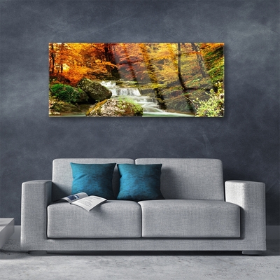 Acrylic Print Waterfall forest nature white green yellow grey