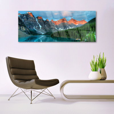 Plexiglas® Wall Art Mountain forest lake landscape blue green grey yellow