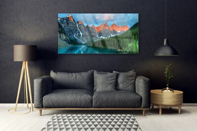 Plexiglas® Wall Art Mountain forest lake landscape blue green grey yellow