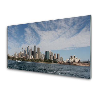 Plexiglas® Wall Art City sea houses grey blue