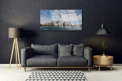 Plexiglas® Wall Art City sea houses grey blue