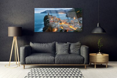 Plexiglas® Wall Art Sea town landscape blue grey yellow