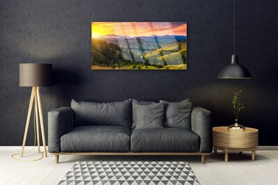 Plexiglas® Wall Art Sun mountain forest meadow nature yellow blue green