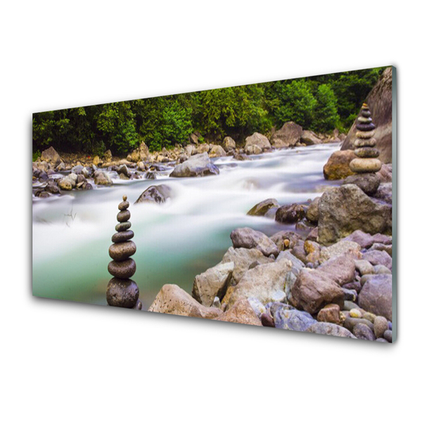 Plexiglas® Wall Art Forest lake stones landscape green white grey brown