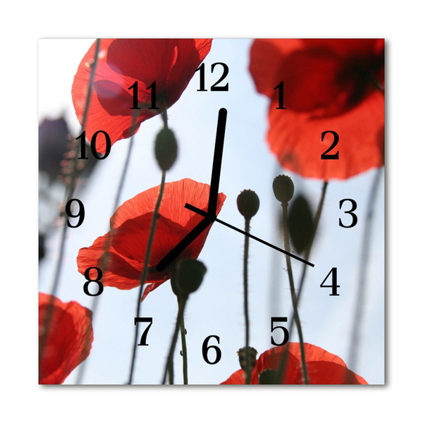 Glass Kitchen Clock Poppy flowers & plants red