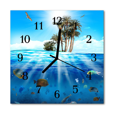 Glass Kitchen Clock Fish island nature blue