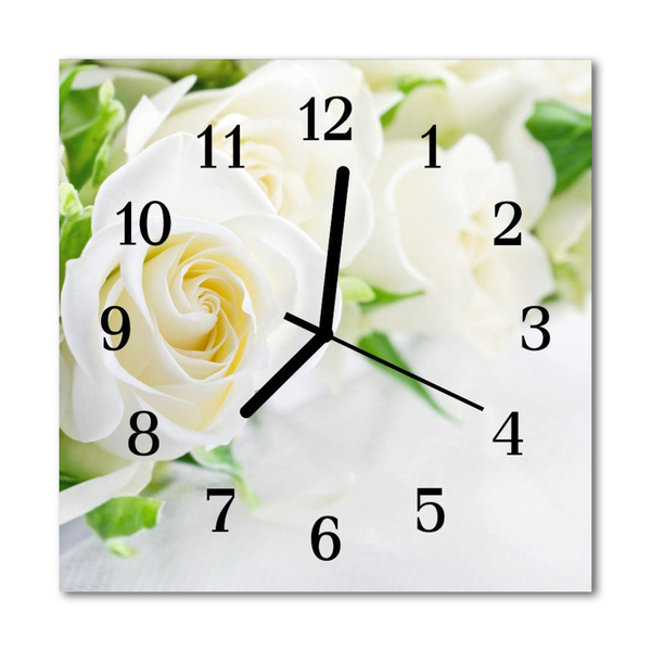 Glass Wall Clock Roses flowers white