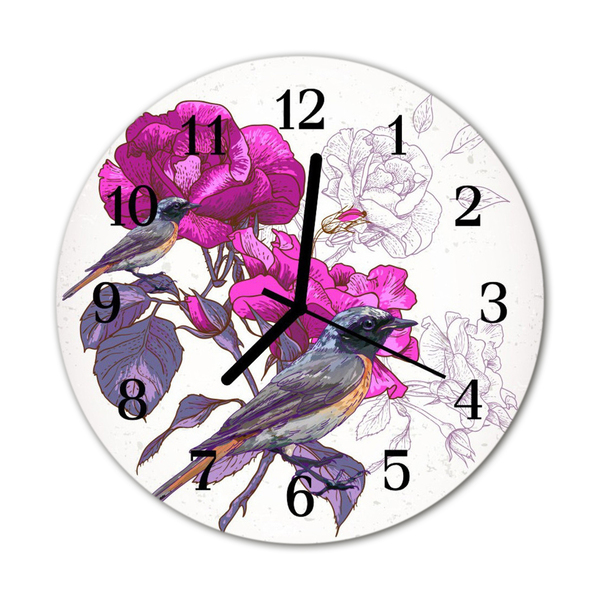 Glass Wall Clock Birds flowers animals flowers pink