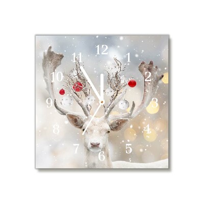 Glass Wall Clock Square White Reindeer Christmas Baubles